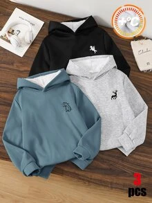 SHEIN 3件組買2送1兒童青少年男孩休閒百搭保暖內裡加厚連帽衛衣，黑色連帽衛衣、藍色連帽衛衣、麻灰色連帽衛衣，百搭上衣，適合秋冬、學校、運動、秋季穿搭、冬季穿搭 - 彩色 - 查看 4