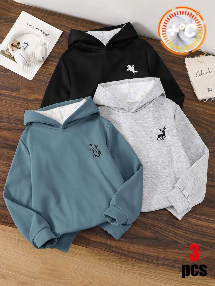 SHEIN 3pcs Buy 2 Get 1 Free Kids Tween Boy Casual Versatile Thermal Lined Thick Hooded Sweatshirt, Black Hooded Sweatshirt, Blue Hooded Sweatshirt, Heather Grey Hooded Sweatshirt, All-Match Top, Suitable For Fall/Winter, School, Sports, FallOutfit, WinterOutfit - Multicolor - View 4