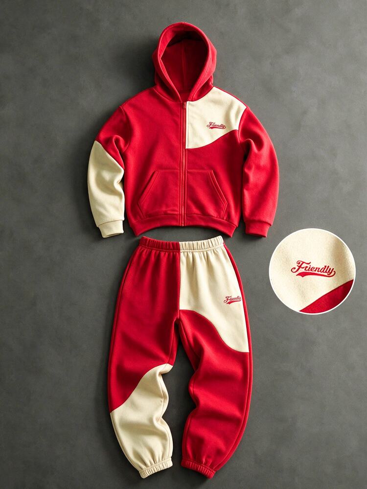 SHEIN Kids Tween Boy Casual Sports Versatile Colorblock Red & White Hooded Pullover Sweatshirt Jacket & Pants 2 Pieces Set, Suitable For Commuting, School, Daily Casual Outings, Sports, Autumn/Winter - Red - View 4