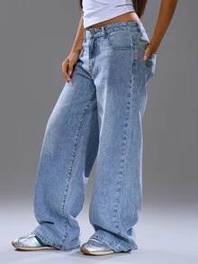 MUSERA Patchwork Pocket Straight Leg Jeans Spring, Summer, Streetwear, Y2k, Cool Girl,City 4th July Casual Everyday Back To School Office Work Chic - Blue - View 3