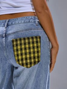 MUSERA Patchwork Pocket Straight Leg Jeans Spring, Summer, Streetwear, Y2k, Cool Girl,City 4th July Casual Everyday Back To School Office Work Chic - Blue - View 5