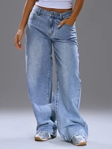 MUSERA Patchwork Pocket Straight Leg Jeans Spring, Summer, Streetwear, Y2k, Cool Girl,City 4th July Casual Everyday Back To School Office Work Chic - Blue - View 2