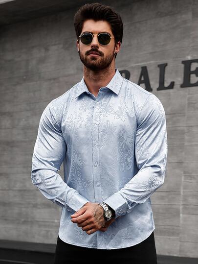 Manfinity CasualCool Men's Long Sleeve Jacquard Fabric Shirt With Embroidered Logo On Chest Powder Blue Shirt Men Fashion Dress Shirt Light Blue Floral Men Shirt