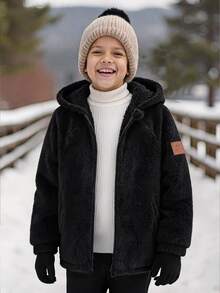 SHEIN Kids Tween Boy Hooded Casual College Style Comfortable Fashion Minimalist Practical Versatile Soft Textured Fleece Mid-Length Jacket, Autumn ,Winter - Black - View 7
