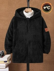 SHEIN Kids Tween Boy Hooded Casual College Style Comfortable Fashion Minimalist Practical Versatile Soft Textured Fleece Mid-Length Jacket, Autumn ,Winter - Black - View 6