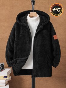 SHEIN Kids Tween Boy Hooded Casual College Style Comfortable Fashion Minimalist Practical Versatile Soft Textured Fleece Mid-Length Jacket, Autumn ,Winter - Black - View 3