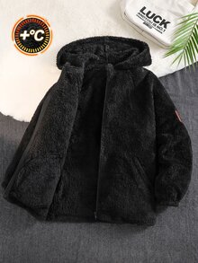 SHEIN Kids Tween Boy Hooded Casual College Style Comfortable Fashion Minimalist Practical Versatile Soft Textured Fleece Mid-Length Jacket, Autumn ,Winter - Black - View 5