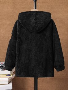 SHEIN Kids Tween Boy Hooded Casual College Style Comfortable Fashion Minimalist Practical Versatile Soft Textured Fleece Mid-Length Jacket, Autumn ,Winter - Black - View 4