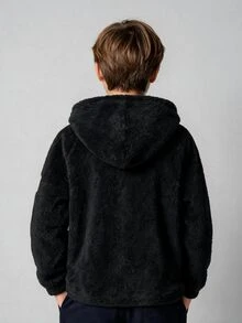 SHEIN Kids Tween Boy Hooded Casual College Style Comfortable Fashion Minimalist Practical Versatile Soft Textured Fleece Mid-Length Jacket, Autumn ,Winter - Black - View 2