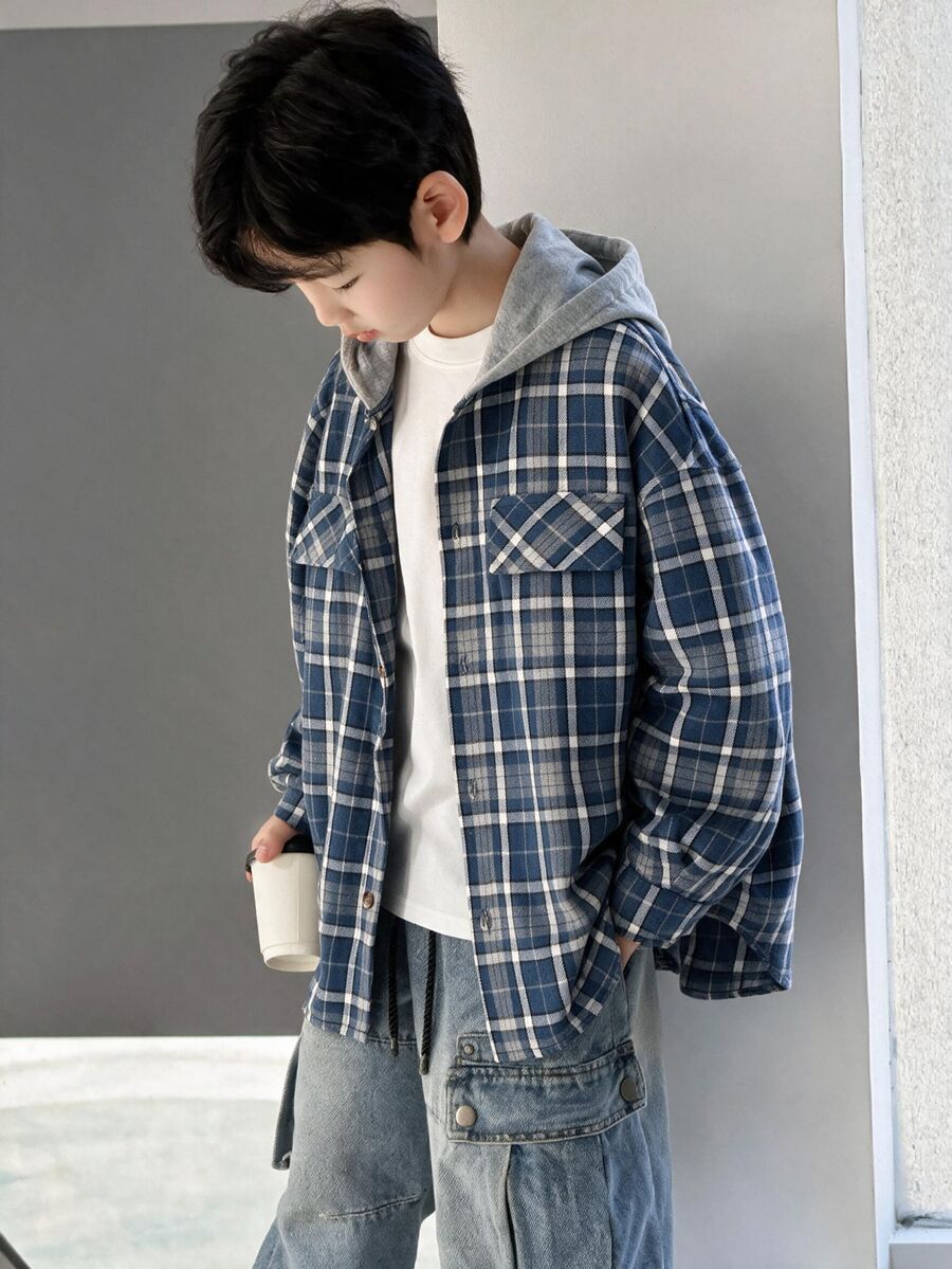 兒童青少年男孩休閒學院風格紋連帽長袖襯衫,適合秋冬春季,適合戶外玩耍、上學、街頭穿搭、派對與居家休閒,超值之選 - 藍色 - 查看 1