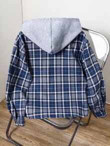 兒童青少年男孩休閒學院風格紋連帽長袖襯衫，適合秋冬春季，適合戶外玩耍、上學、街頭穿搭、派對與居家休閒，超值之選 - 藍色 - 查看 3
