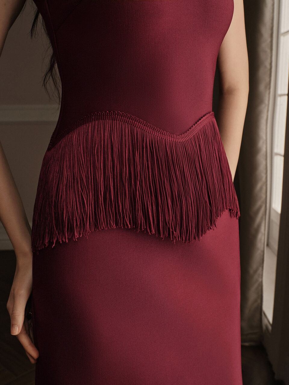 Anewsta Affair Women's Fall/Winter Elegant Formal Sexy Burgundy Fringe Cinched Waist Long Dress For Wedding Guest Party Ceremony Club Going Out Christmas