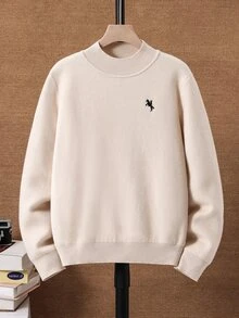 SHEIN 兒童青少年男孩休閒學院風舒適純色百搭寬鬆套頭保暖內裡高領長袖毛衣，適合通勤、上學、日常休閒外出、運動，秋冬款 - 杏色 - 查看 6