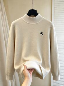 SHEIN 兒童青少年男孩休閒學院風舒適純色百搭寬鬆套頭保暖內裡高領長袖毛衣，適合通勤、上學、日常休閒外出、運動，秋冬款 - 杏色 - 查看 4