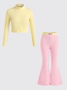 SHEIN 兒童小女孩秋冬極簡羅紋素色時尚外套與長褲套裝 - 彩色 - 查看 6