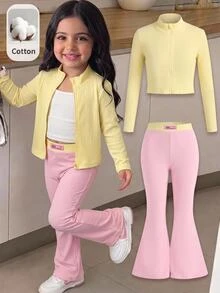 SHEIN 兒童小女孩秋冬極簡羅紋素色時尚外套與長褲套裝 - 彩色 - 查看 2