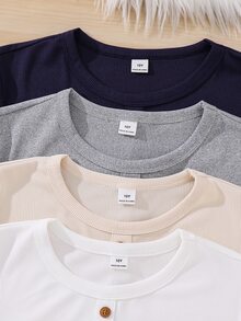 SHEIN Kids Tween Boy Solid Color Casual Versatile Daily Long Sleeve T-Shirt 4pcs/Pack - Multicolor - View 4