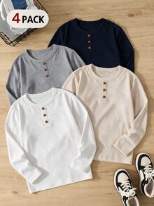 SHEIN Kids Tween Boy Solid Color Casual Versatile Daily Long Sleeve T-Shirt 4pcs/Pack - Multicolor - View 1