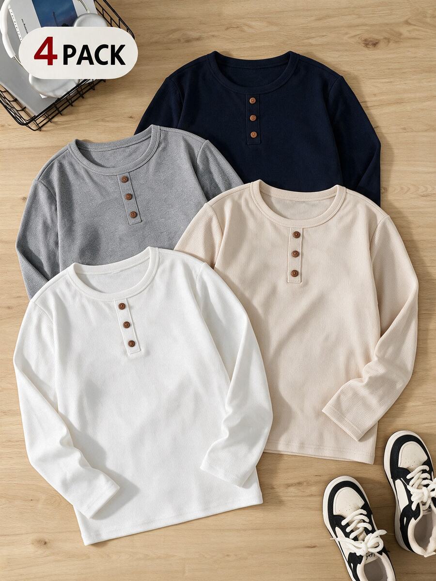 SHEIN Kids Tween Boy Solid Color Casual Versatile Daily Long Sleeve T-Shirt 4pcs/Pack - Multicolor - View 1