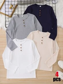 SHEIN Kids Tween Boy Solid Color Casual Versatile Daily Long Sleeve T-Shirt 4pcs/Pack - Multicolor - View 3