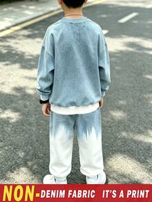 2pcs/Set Teen Boys Gradient Washed Denim Effect Distressed Letter Patchwork Sweatshirt & Joggers Set, Crew Neck Long Sleeve Pullover Top + Elastic Waist Long Pants, Thickened Street Casual Fashion Outfit For Autumn/Winter - Multicolor - View 2