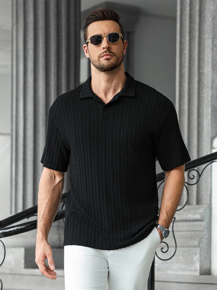 Manfinity CasualCool Men's Solid Color Half-Placket Raglan Short Sleeve Casual Polo Shirt - Black - View 1