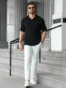 Manfinity CasualCool Men's Solid Color Half-Placket Raglan Short Sleeve Casual Polo Shirt - Black - View 3