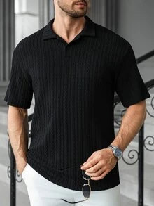 Manfinity CasualCool Men's Solid Color Half-Placket Raglan Short Sleeve Casual Polo Shirt - Black - View 2