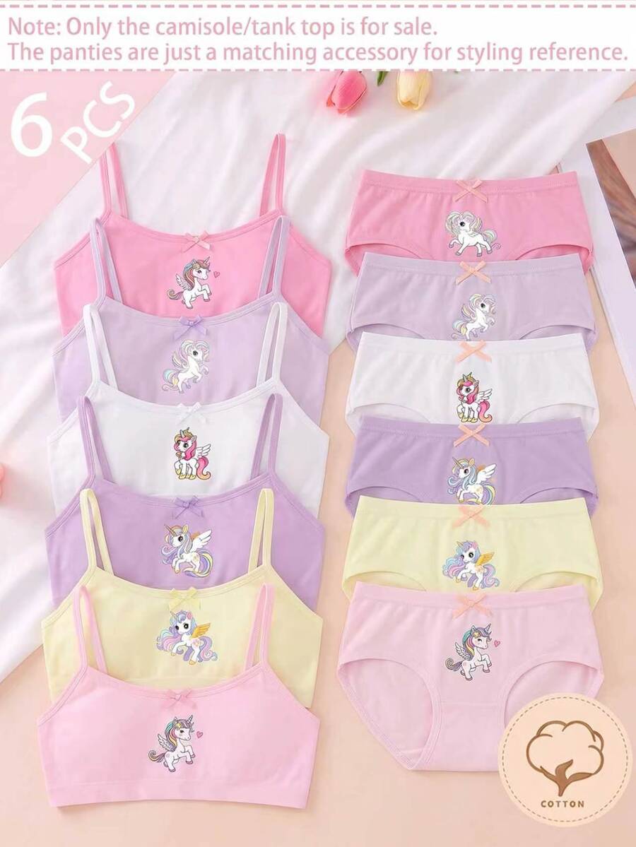 6pcs/Set Girls Toddler Young Girl Traceable Cotton Multi-Color Simple Sweet Soft Comfortable Unicorn Print With Bow Camisole Undershirt Autumn Winter - Multicolor - View 1