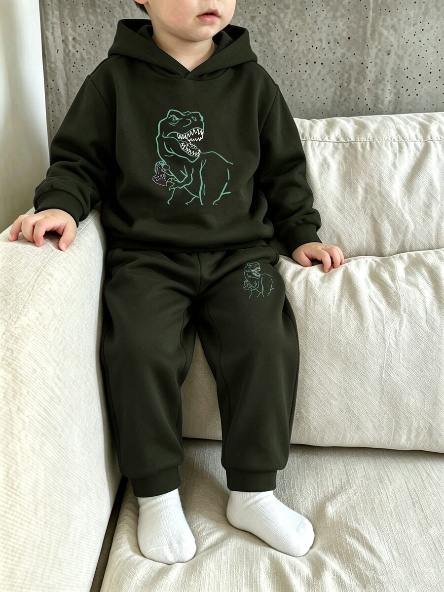 Dinosaur Print Cartoon Fun Army Green Hooded Sweatshirt And Sweatpants Two-Piece Set For Boys Playing Games (Autumn/Winter, 4-7 Years Old) - Army Green - View 1