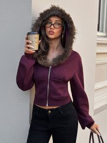 Aloruh Women's Autumn/Winter New Purple Sweatshirt, Sweatshirt Jacket, Fur Patchwork Sweatshirt, Casual Slouchy Collegiate Style Daily Commute Streetwear - Purple - View 7