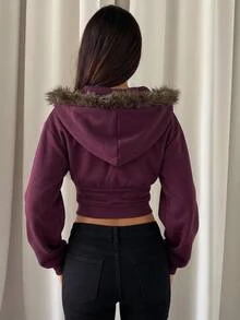 Aloruh Women's Autumn/Winter New Purple Sweatshirt, Sweatshirt Jacket, Fur Patchwork Sweatshirt, Casual Slouchy Collegiate Style Daily Commute Streetwear - Purple - View 3