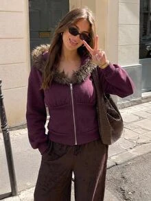 Aloruh Women's Autumn/Winter New Purple Sweatshirt, Sweatshirt Jacket, Fur Patchwork Sweatshirt, Casual Slouchy Collegiate Style Daily Commute Streetwear - Purple - View 8
