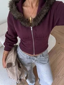 Aloruh Women's Autumn/Winter New Purple Sweatshirt, Sweatshirt Jacket, Fur Patchwork Sweatshirt, Casual Slouchy Collegiate Style Daily Commute Streetwear - Purple - View 4