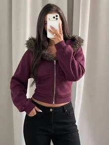 Aloruh Women's Autumn/Winter New Purple Sweatshirt, Sweatshirt Jacket, Fur Patchwork Sweatshirt, Casual Slouchy Collegiate Style Daily Commute Streetwear - Purple - View 5