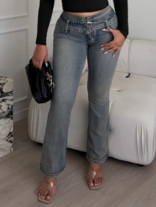 Maria Perezxox Low-Waist Fashionable Washed Flare Jeans - Dark Wash - View 7