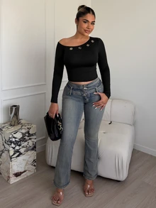 Maria Perezxox Low-Waist Fashionable Washed Flare Jeans - Dark Wash - View 2