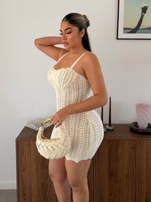 Maria Perezxox 女士度假针织纹理面料海洋贝壳迷你连衣裙，性感派对约会海滩度假夏季服装，适合度假约会、下午茶、婚礼季节、海滩游轮度假、城市公路旅行度假、波西米亚风度假、音乐节 - 杏色 - 查看 3
