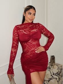 Maria Perezxox 女式蕾丝衬衫，搭配复古红色透明抽绳下摆迷你紧身连衣裙，适合派对的波西米亚风格 - 玫瑰紅 - 查看 3