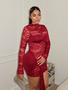 Maria Perezxox 女式蕾丝衬衫，搭配复古红色透明抽绳下摆迷你紧身连衣裙，适合派对的波西米亚风格 - 玫瑰紅 - 查看 5