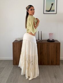 Maria Perezxox 杏色百褶蕾丝边裙，简约时尚，适合夏季 - 杏色 - 查看 5