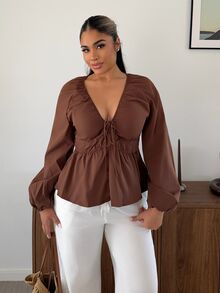 Maria Perezxox 女款深棕色V領燈籠袖寬鬆休閒襯衫，優雅秋季早午餐上衣，純色泡泡袖襯衫，適用聖誕節、新年、派對 - 棕色 - 查看 5