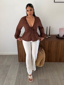 Maria Perezxox 女款深棕色V領燈籠袖寬鬆休閒襯衫，優雅秋季早午餐上衣，純色泡泡袖襯衫，適用聖誕節、新年、派對 - 棕色 - 查看 4