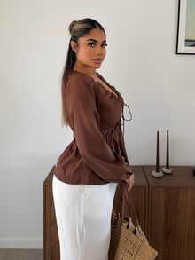 Maria Perezxox 女款深棕色V領燈籠袖寬鬆休閒襯衫，優雅秋季早午餐上衣，純色泡泡袖襯衫，適用聖誕節、新年、派對 - 棕色 - 查看 3