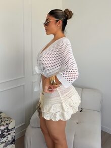 Maria Perezxox 镂空V领系带宽松时尚百搭性感女式开衫 - 白色 - 查看 3
