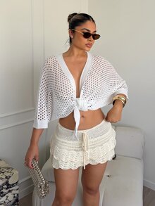 Maria Perezxox 镂空V领系带宽松时尚百搭性感女式开衫 - 白色 - 查看 1