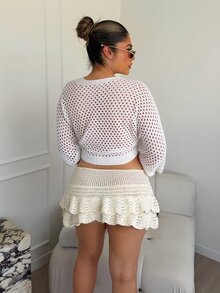 Maria Perezxox 镂空V领系带宽松时尚百搭性感女式开衫 - 白色 - 查看 2