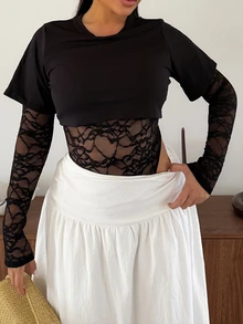 Maria Perezxox 女款長袖性感蕾絲連身衣 秋季面料 適合夜店外出的黑色花卉款 - 黑色 - 查看 7