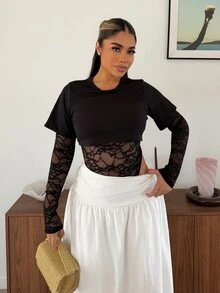 Maria Perezxox 女款長袖性感蕾絲連身衣 秋季面料 適合夜店外出的黑色花卉款 - 黑色 - 查看 6