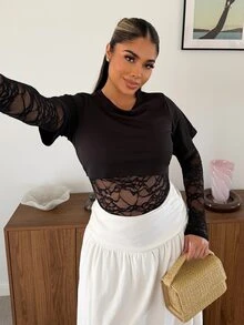 Maria Perezxox 女款長袖性感蕾絲連身衣 秋季面料 適合夜店外出的黑色花卉款 - 黑色 - 查看 2